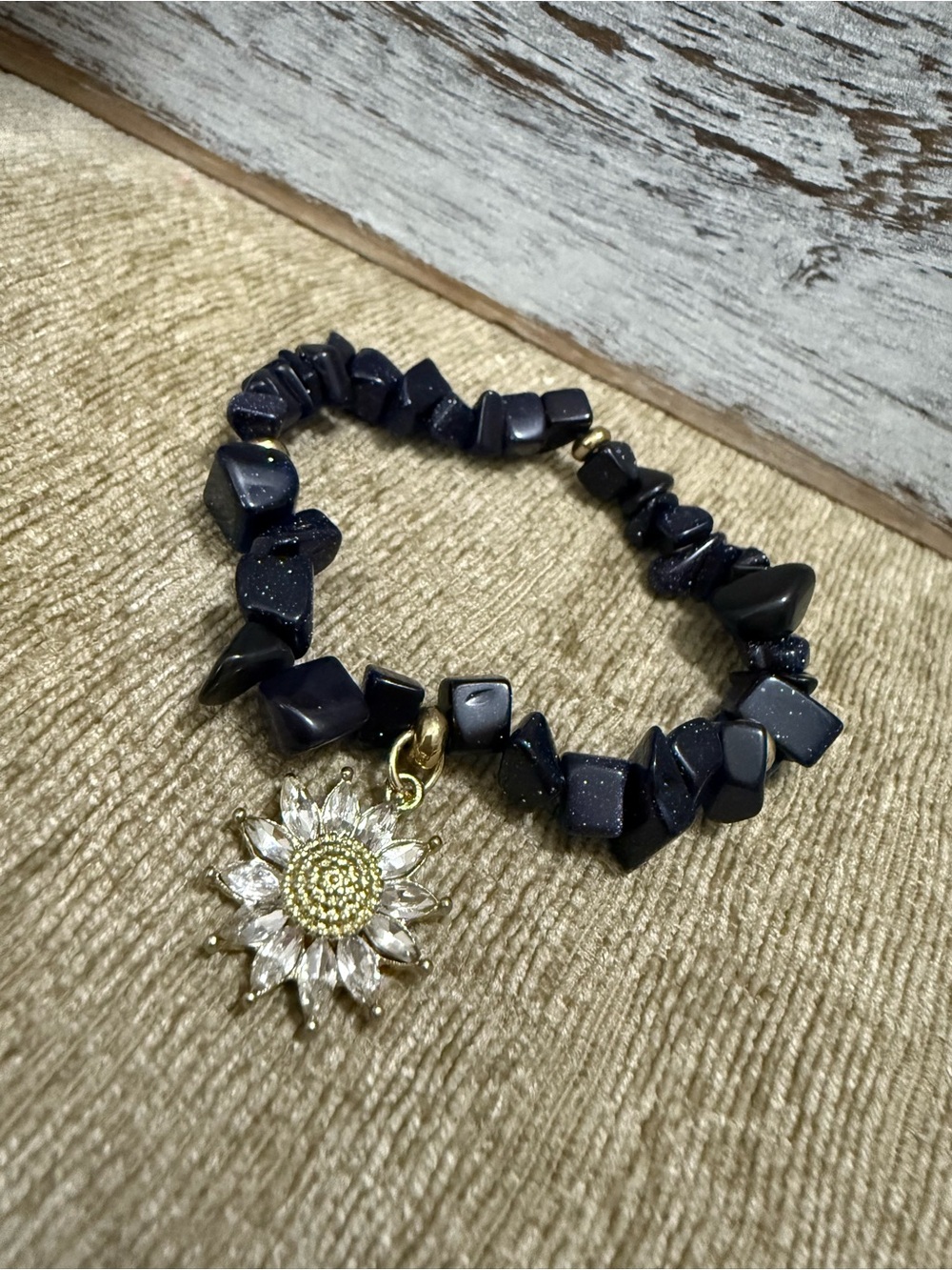 Gold Sunflower Charm Blue Goldstone Beaded Stretch Bracelet